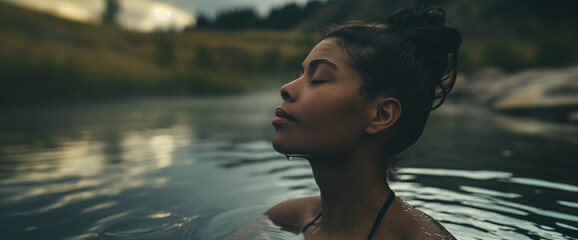Lifestyle portrait of young black woman relaxing in hot spring pond