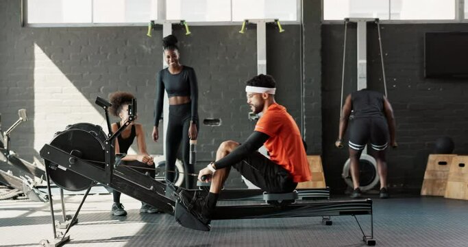 Rower, man and fitness in a gym, funny and training with endurance and challenge with joke. Mocking, group or athlete with progress or rowing in a health center, active or workout with amusement
