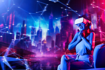 Smart female in virtual reality cyberpunk style building of meta wear VR headset connect metaverse,...