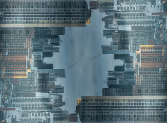 Naklejka premium symmetry and mirrored geometry pattern, reflected skyscrapers of Toronto and modern buildings skyline abstract background, lines and tunnel futuristic technology concept