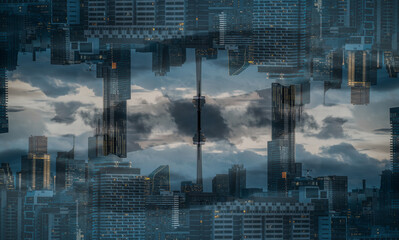 Obraz premium symmetry and mirrored geometry pattern, reflected skyscrapers of Toronto and modern buildings skyline abstract background, lines and tunnel futuristic technology concept