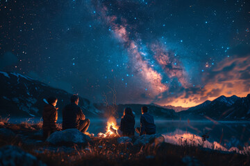 A family gathered around a bonfire, roasting marshmallows and sharing stories under the starry sky. Concept of bonding and togetherness during summer vacation. Generative Ai.