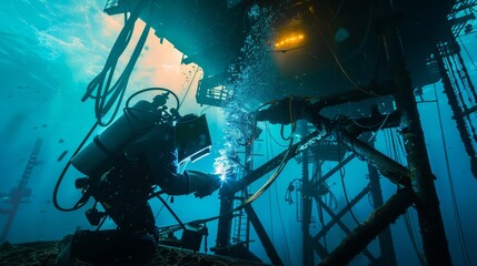 Deep Sea Diver Underwater Welder at Work on Offshore Oil Rig Industrial Construction and Repair in the Ocean Depths