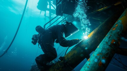 Deep Sea Diver Underwater Welder at Work on Offshore Oil Rig Industrial Construction and Repair in the Ocean Depths