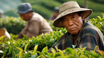 Experienced tea picker looks into the camera with a focused expression, surrounded by a vibrant green tea plantation with another worker in the background