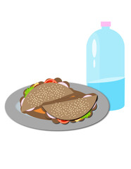 sandwich with cheese and tomato : A plate of food with two tacos and a bottle of water
