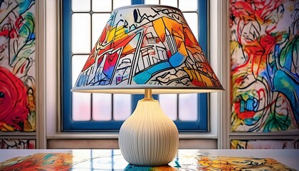 Artistic Illumination: Graffiti-Painted Lamp Near Stained Glass Window