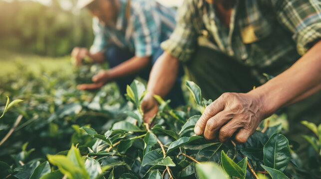 Workers meticulously pick the youngest tea leaves in the golden morning light, showcasing the dedication and tradition of tea cultivation in a lush, green farm setting