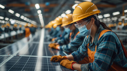 Chinese workers wearing masks and no glasses are inspecting solar panels in the workshop