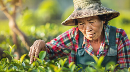 Diligent female worker wearing a sun hat carefully selects the best leaves from tea bushes in a vibrant and lush plantation during golden hour with a focused expression