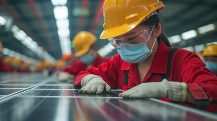 Chinese workers wearing masks and no glasses are inspecting solar panels in the workshop