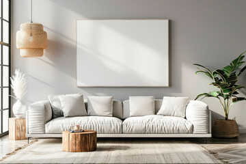 Blank photo frame mockup on a white wall above a white sofa in a living room in a minimalist style. View of modern interior in Scandinavian style template for artwork, painting, photographs or posters