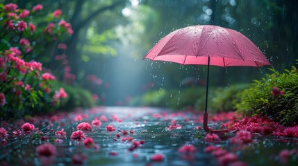 Red Umbrella in Middle of Garden