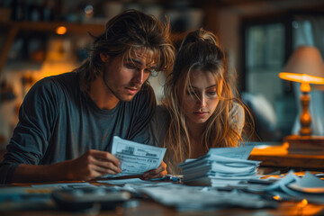 Fototapeta premium A family making tough decisions about which bills to prioritize and which to let slide, feeling powerless in the face of overwhelming debt. Generative Ai.
