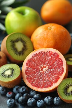 A close up of a variety of fruits including kiwi, blueberries and grapefruit, AI