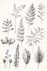 A set of black and white drawings of various leaves and flowers