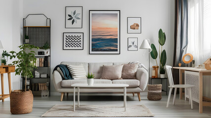 Sunny and bright space of living room with stylish sofa, pillows, coffee table, mock up poster frames, decorations, furnitures and personal accessories. Cozy home decor. Template. Summer vibe. 