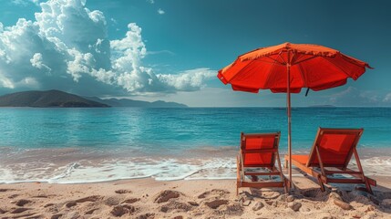 Two Lounge Chairs Under an Umbrella on a Beach