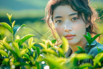 Young beautiful Asian woman picking tea leaves at tea plantation, close-up, copy space, looking at camera
