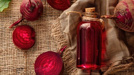 essential oil of red beet on the background of burlap top view