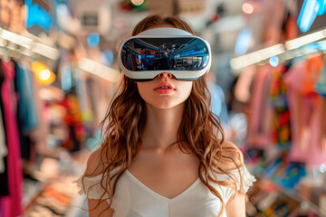 Woman shopping in clothing store with futuristic VR headset, AR smart glasses, holographic interface for data display, virtual reality cyberspace. Augmented reality marketing and smart retail concept