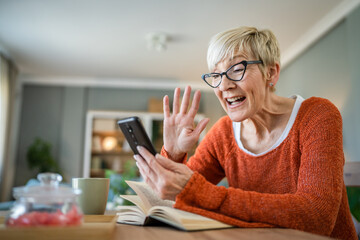 one mature senior caucasian woman use mobile phone smartphone at home