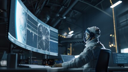 Exploring the Cosmos Scientist Analyzing Satellite Data on Curved Monitor in Dark Research Center