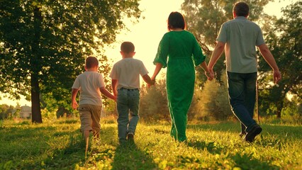Family, Dad mother, child son go together. Slow motion. Happy family, holding hands, walking...