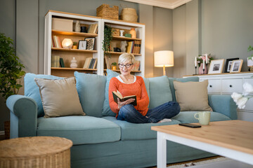 Senior woman mature caucasian female read book at home wear eyeglasses