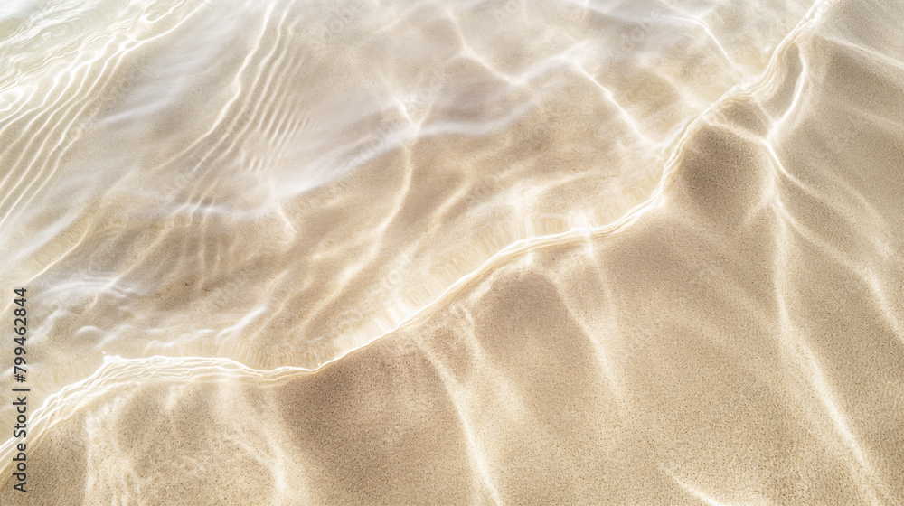 Poster close-up image capturing the peaceful interaction between clear, shallow waters and the soft sands o