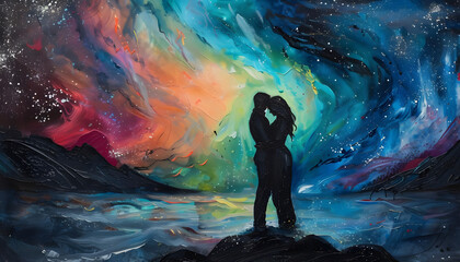 Dreamy acrylic painting capturing a couples embrace under the Northern Lights in Icelandar74v60 Generative AI