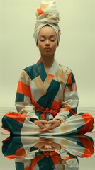 Surreal portrait of a young woman in lotus pose: contemplative woman in creative attire merges nostalgia with calm meditation. Meditative african american lady. Yoga and mindfulness