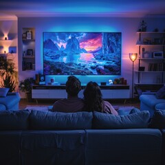 Couples embracing each other enjoying time together in front of the TV, sitting on the sofa with affectionate gestures. Romance, lifestyle, harmonious household relationships, relaxing space. - obrazy, fototapety, plakaty