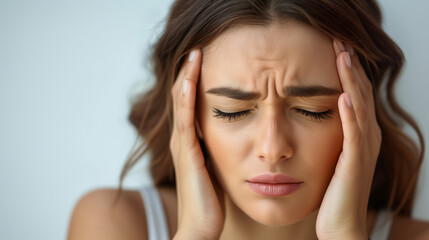 Fototapeta premium Woman sitting on her bed with a headache.