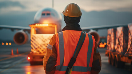 Close-up of a cargo airport worker inspecting cargo containers for damage or tampering before loading them onto a waiting plane, the thorough security checks ensuring the integrity