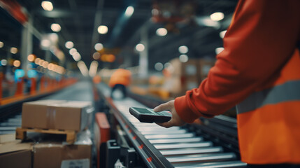 A close-up shot of a cargo airport worker using a handheld scanner to track the movement of packages as they are loaded onto a conveyor belt leading to a cargo plane, the digital t