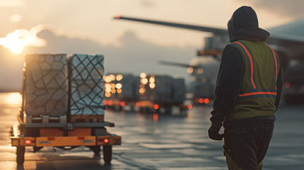 Obraz premium Close-up of a cargo airport worker directing a fleet of luggage carts loaded with cargo containers toward a waiting cargo plane, the choreographed movements ensuring efficient and