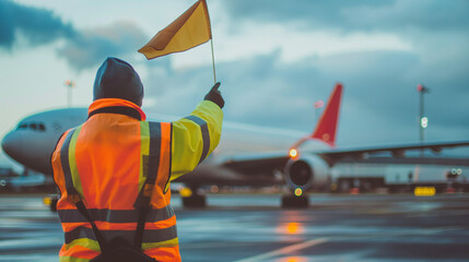 Close-up of a cargo airport worker waving signal flags to guide a cargo plane to its parking position on the tarmac, the precise ground handling ensuring safe and efficient logisti - obrazy, fototapety, plakaty