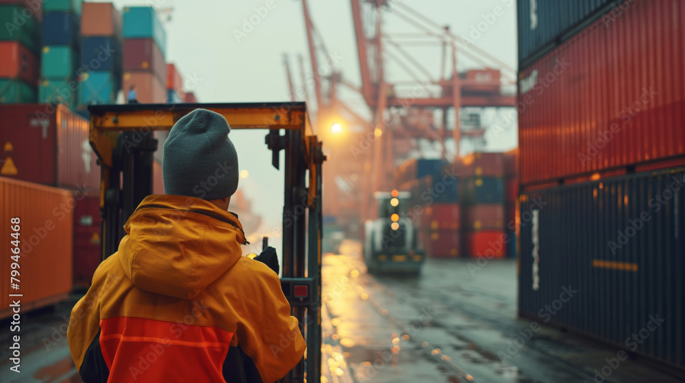 Poster close-up of a cargo port worker operating a forklift to transport cargo containers to the loading ar