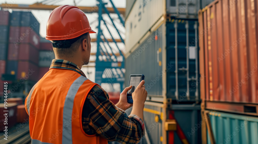 Poster close-up of a cargo port worker using a handheld device to scan barcodes on cargo containers before 
