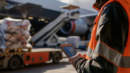 Close-up of a cargo airport worker using a handheld tablet to track the movement of shipments as they are loaded onto a waiting cargo plane, the digital tracking system providing r - obrazy, fototapety, plakaty