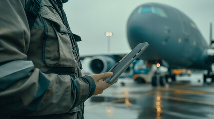 Close-up of a cargo airport worker using a handheld tablet to track the movement of shipments as they are loaded onto a waiting cargo plane, the digital tracking system providing r