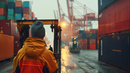 Close-up of a cargo port worker operating a forklift to transport cargo containers to the loading area of a container ship, the efficient handling ensuring timely departure schedul
