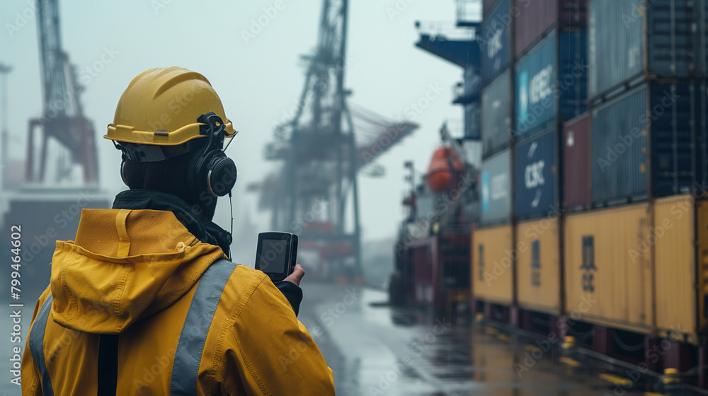 Poster close-up of a cargo port worker guiding a container onto a ship's deck using a handheld radio to com
