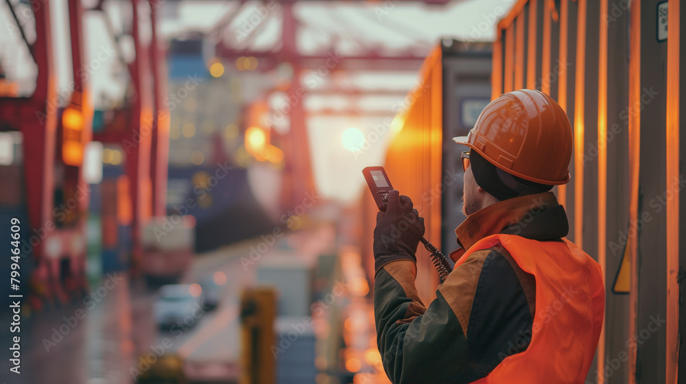 Aufkleber close-up of a cargo port worker guiding a container onto a ship's deck using a handheld radio to com