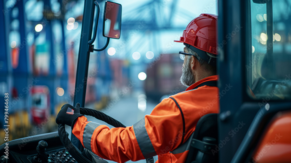Poster close-up of a cargo port worker driving a container loader to transport cargo containers to the load