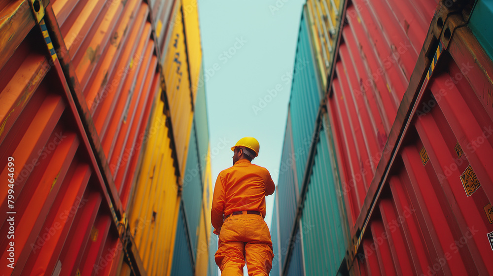 Poster close-up of a cargo port worker inspecting cargo containers for signs of tampering or unauthorized a