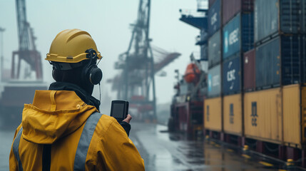 Close-up of a cargo port worker guiding a container onto a ship's deck using a handheld radio to communicate with crane operators, the clear instructions facilitating smooth and sa - obrazy, fototapety, plakaty