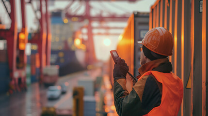 Close-up of a cargo port worker guiding a container onto a ship's deck using a handheld radio to communicate with crane operators, the clear instructions facilitating smooth and sa - obrazy, fototapety, plakaty