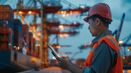 Close-up of a cargo port worker using a handheld tablet to update inventory records as cargo containers are loaded onto a ship, the digital tracking system providing real-time visi